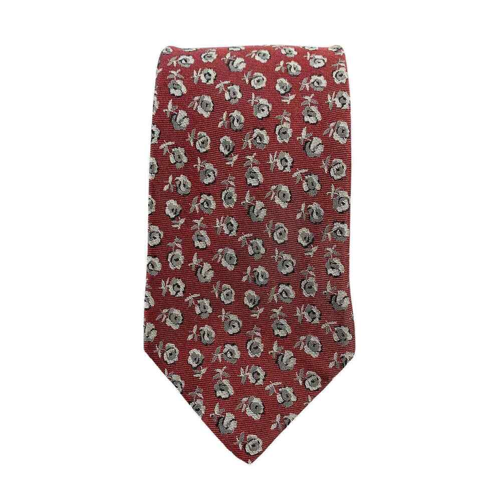 LANDS END Mens Silk Floral Necktie Burgundy Ivory Classic Dress Tie Hand Sewn